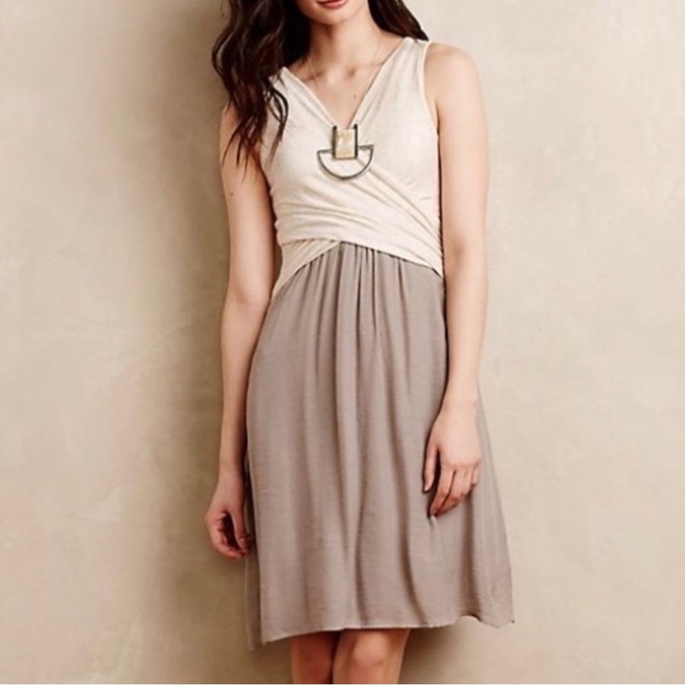 Sleeveless V-Neck Two-Tone Wrap Dress in Cream and Taupe